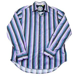 Robert Graham Classic Fit Button Down Shirt Striped Purple Black Blue XL